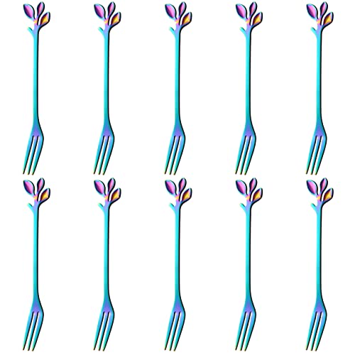 AnSaw 10-Piece Rainbow Mini Leaf Dessert Forks Set - 4.7" Elegant Stainless Steel Fruit, Appetizer, Cake & Salad Forks - Perfect for Cocktail Parties & Home Use - Image 1