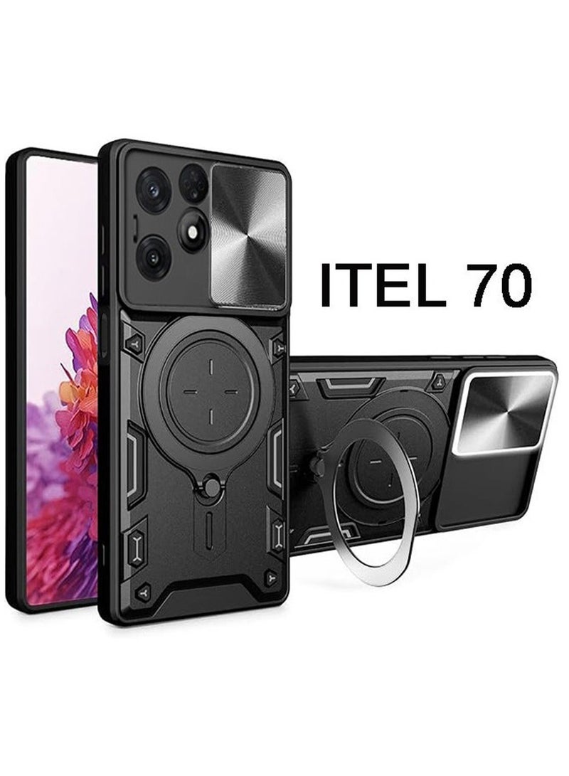 GKK Case for itel A70 Cover,Flashing [Built-in Kickstand] Magnetic Rotate Ring Holder Heavy Duty TPU+PC Shockproof Protect Phone Case for itel A70 (Black) - Image 1