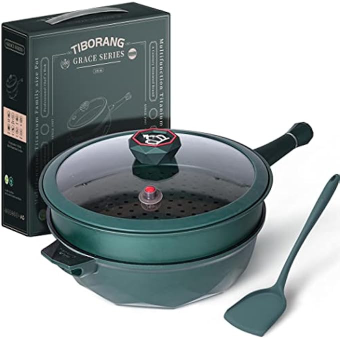 TIBORANG 8 In 1 Nonstick Deep Frying Pan With Glass Lid 11 Inch Large Skillet With Steamed Grid PfoaFree DishwasherOven Safe Wok With All StovetopsGreen - Image 2