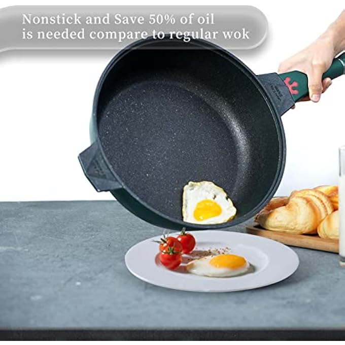 TIBORANG 8 In 1 Nonstick Deep Frying Pan With Glass Lid 11 Inch Large Skillet With Steamed Grid PfoaFree DishwasherOven Safe Wok With All StovetopsGreen - Image 5