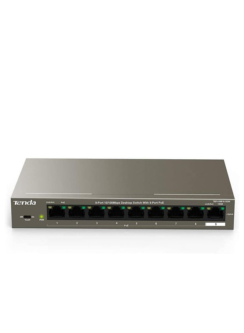 TEF1109P-8-102W 9-Port 100Mbps Ethernet Network Switch With 8-Port PoE 102W, VLAN Port, 6kV Lightning Protection, Ethernet Splitter Works with IEEE 802.3af/at, Transmission Distance up to 250m Brown  - Image 1