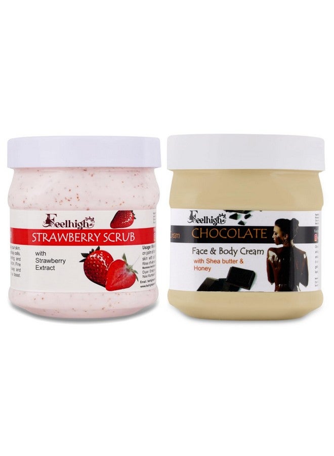 FEELHIGH Combo Strawberry Face Body Scrub 500ml Enriched with Strawberry Extract And Chocolate Face Moisturizing Cream 500ml Pack of 2 Men and Women Facial Kit - Image 1