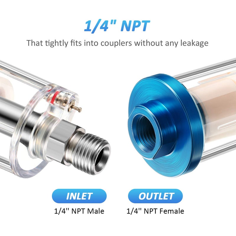 Mudder 3 Pcs Compressed Air Filter Water Oil Separator 1/4 Inch NPT Inlet and Outlet Airbrush Filter Moisture Separator for Air Line Compressor Fitting, 90 PSI - Image 4