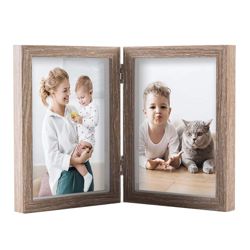 AEVETE 5x7 Double Picture Frames Hinged Wood Folding Picture Frames Vertically Display Real Glass Front