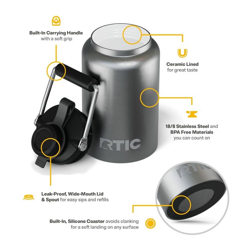 RTIC Half Gallon Outback Jug, Stainless Steel, Ceramic Lined Insulated Water Bottle with Lid and Handle, BPA-Free, Double Wall Vacuum Insulation, Stainless - Image 3