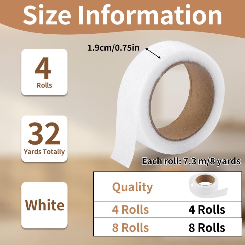Opvixi 32 Yards Hem Tape, 0.75 INCH 4 Rolls Iron on Hemming Tape, Adhesive No Sew Hemming Tapes for Pants Curtains Dresses Clothes Fabric Crafting Projects (White) - Image 2