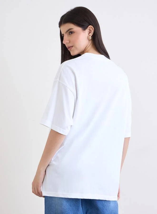 Styli Styli White Embroidered Panel Oversized T-Shirt