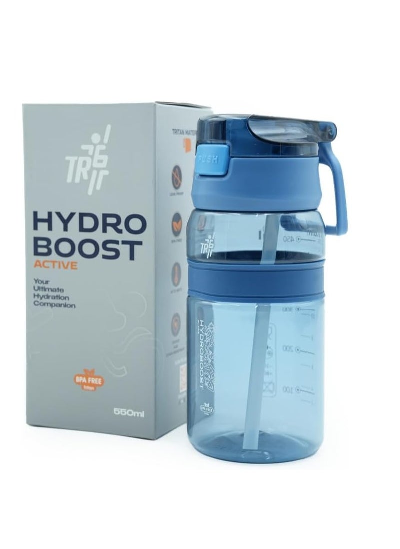 TR6 Hydro Boost Active 550ml Water Bottle, BPA Free, Leak Proof Clear Tritan, Push-Top Cap with Straw and Handle, Lightweight, Shatter Resistant, Odor Free, Ideal for Kids, Office, Gym, and Everyday Use (Blue)