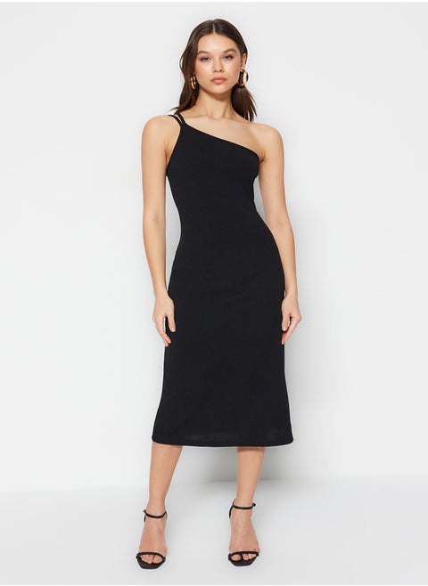 Black Strap Midi Crepe Knitted Knit Dress TWOSS23EL02303