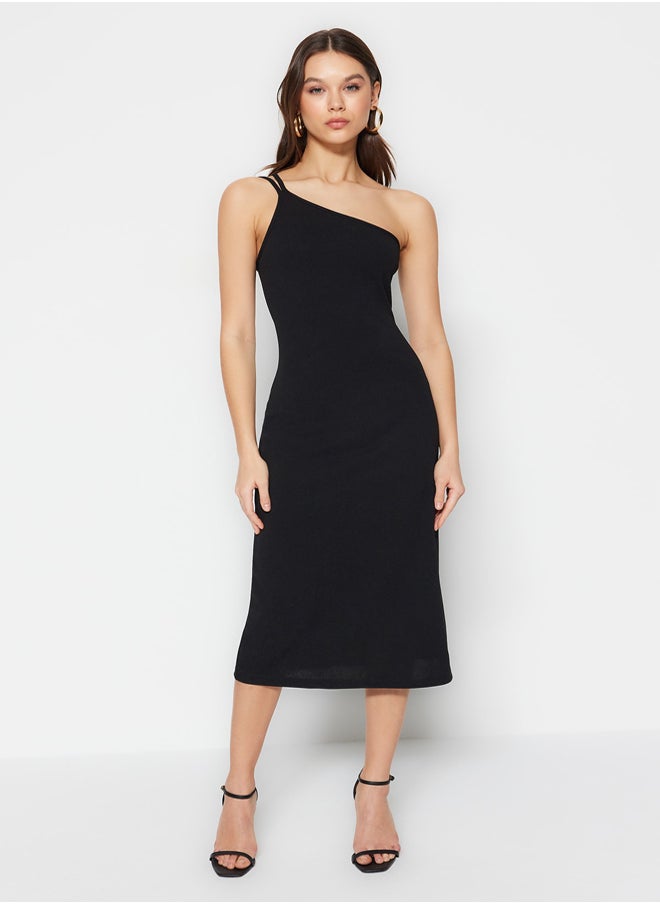 Black Strap Midi Crepe Knitted Knit Dress TWOSS23EL02303