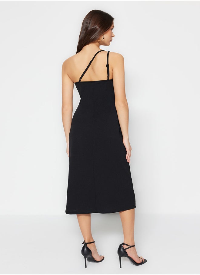 Black Strap Midi Crepe Knitted Knit Dress TWOSS23EL02303