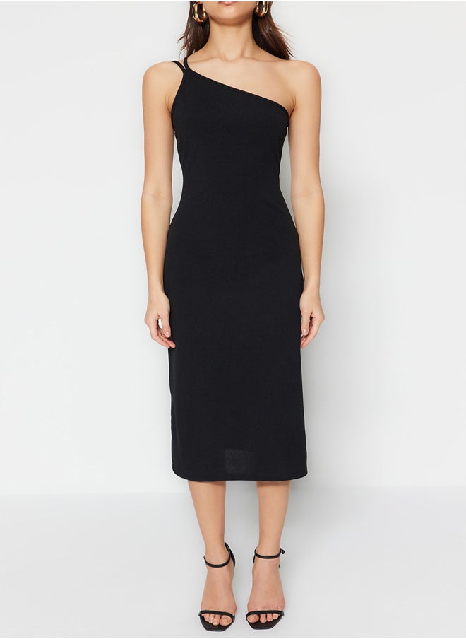 Black Strap Midi Crepe Knitted Knit Dress TWOSS23EL02303