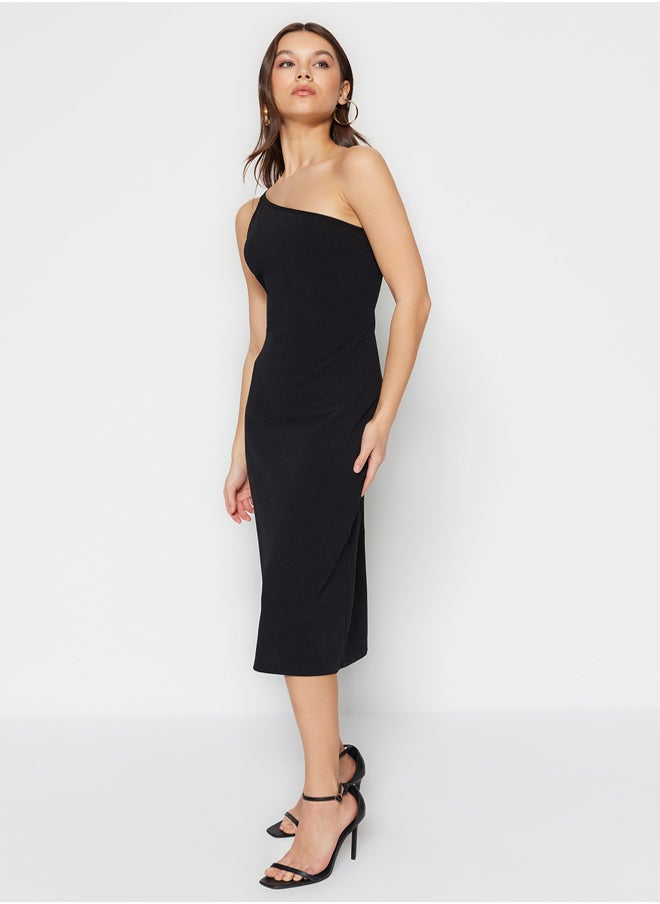 Black Strap Midi Crepe Knitted Knit Dress TWOSS23EL02303