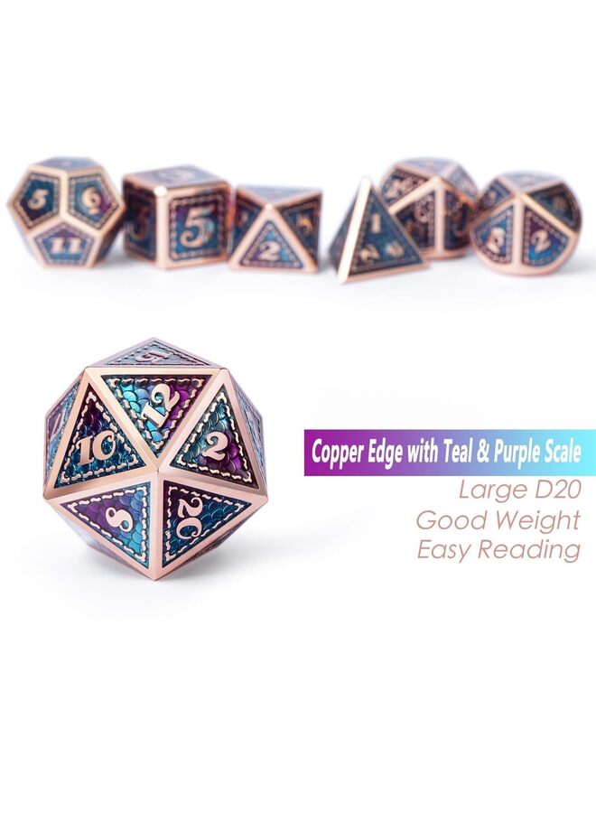 7 Pieces Metal Dice Set, Dragon Scale Metallic Die (Teal and Purple with Copper Edge)  - Image 4