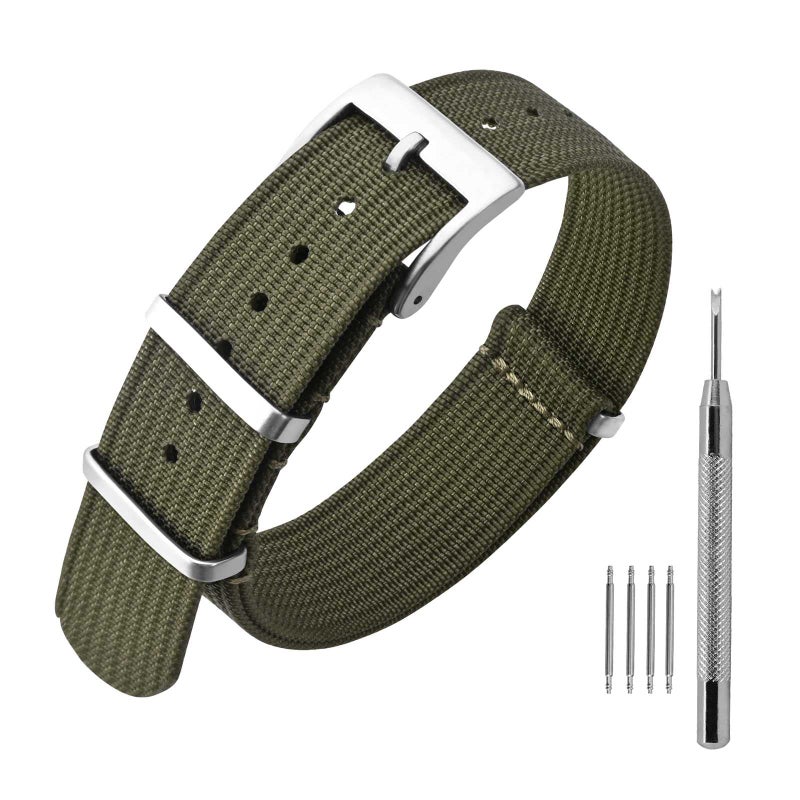 ANNEFIT Nylon Watch Band 22mm OnePiece Waterproof Military Watch Straps with Heavy Silver Buckle Army Green - Image 2