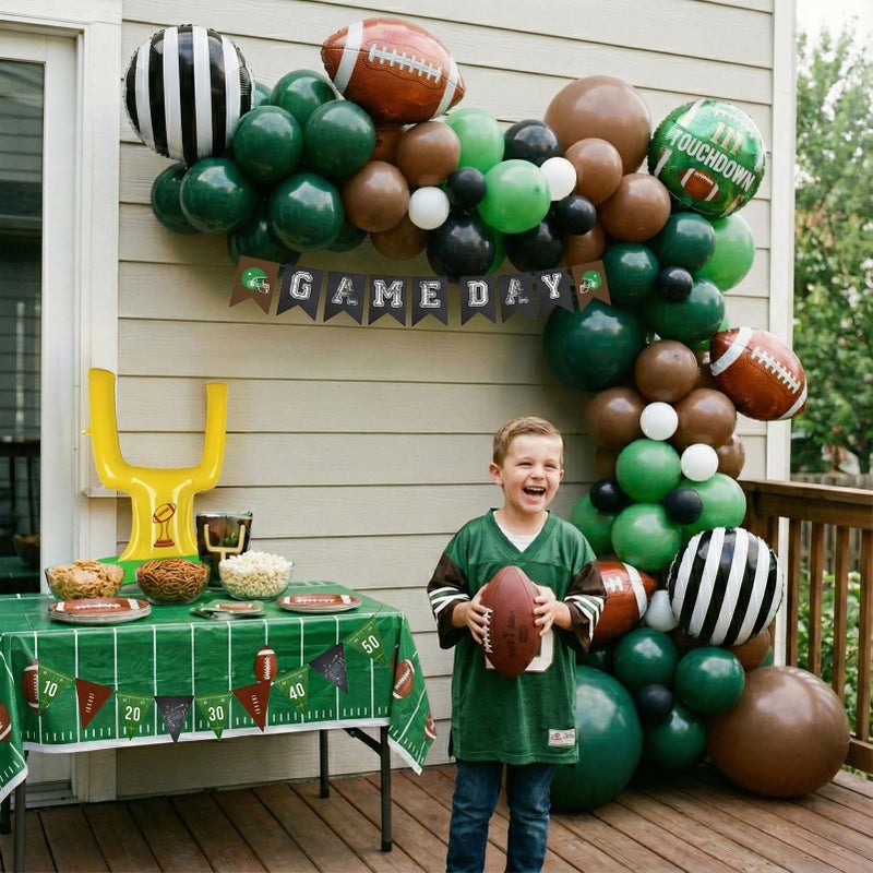froufing Football Party Decoration Kit Includes Green Brown Black White small balloon arch & Football & Goalpost Foil Black Stripe Referee Touchdown Foil Balloons for Sports Theme Game Day Decorations - Image 5