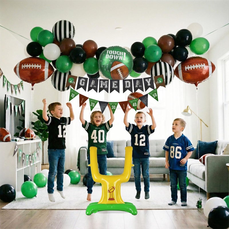 froufing Football Party Decoration Kit Includes Green Brown Black White small balloon arch & Football & Goalpost Foil Black Stripe Referee Touchdown Foil Balloons for Sports Theme Game Day Decorations - Image 2