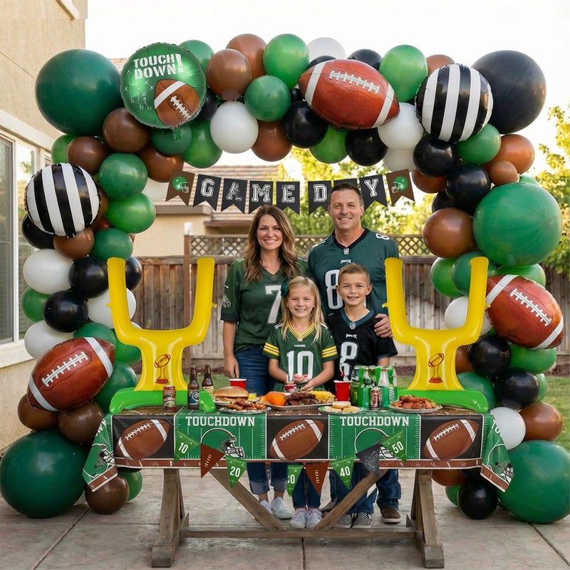froufing Football Party Decoration Kit Includes Green Brown Black White small balloon arch & Football & Goalpost Foil Black Stripe Referee Touchdown Foil Balloons for Sports Theme Game Day Decorations - Image 3