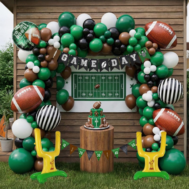 froufing Football Party Decoration Kit Includes Green Brown Black White small balloon arch & Football & Goalpost Foil Black Stripe Referee Touchdown Foil Balloons for Sports Theme Game Day Decorations - Image 1