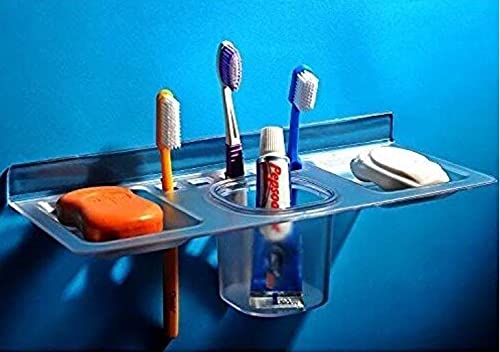 iSTAR Multi use 4 in 1 Multipurpose Double Soap stand with Tumbler Holder Sleek Design Bathroom Accesories shelf soap holder for washbasin,Bathroom, kitchen(Pack of 1,Clear, Plastic) - Image 3