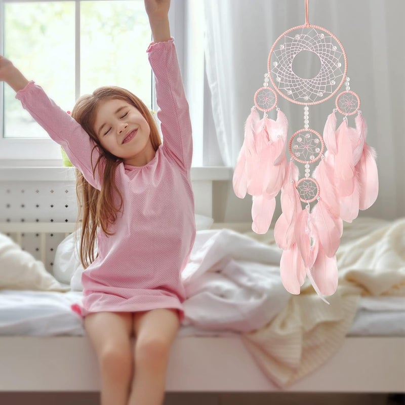 SOMYTING Dream Catcher Wall Decor Handmade Feathers Dreamcatcher Wall Hanging Ornament Room Decor Bohemian Home Decor Craft Blessing Gift (Pink, No Light) - Image 2