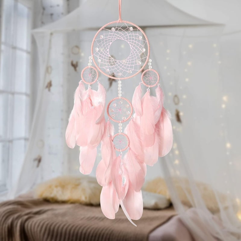 SOMYTING Dream Catcher Wall Decor Handmade Feathers Dreamcatcher Wall Hanging Ornament Room Decor Bohemian Home Decor Craft Blessing Gift (Pink, No Light) - Image 5