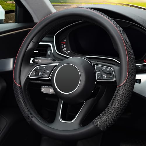 KAFEEK 16 inch Steering Wheel Cover, Black Microfiber Leather Viscose, Breathable, Compatible for F150 F250 F350 Ram 4Runner Tacoma Tundra Range Rover - Image 3