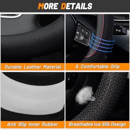 KAFEEK 16 inch Steering Wheel Cover, Black Microfiber Leather Viscose, Breathable, Compatible for F150 F250 F350 Ram 4Runner Tacoma Tundra Range Rover - Image 4
