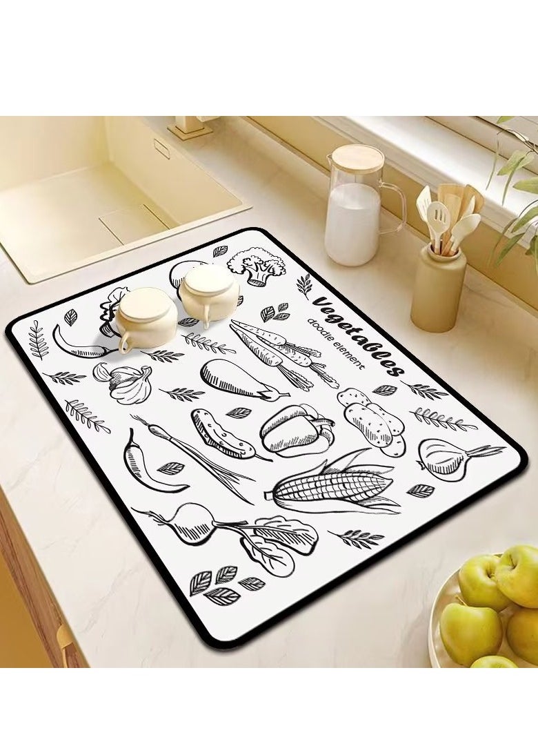 LESTER LESTER Kitchen Drying Mat, Super Absorbant rectangle shape vegetables design white and black 40x60cm 