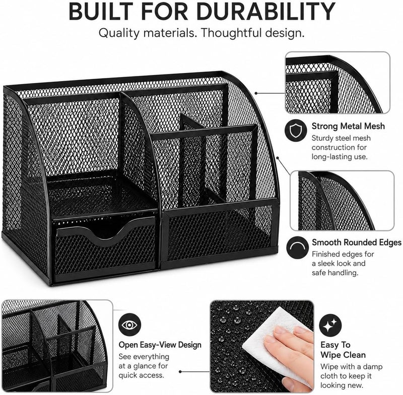 Exerz Desk Organizer Black Office Desk Accessories Supplies Office Storage Desktop Pencil Pen Holder with Drawer Home Workspace | Metal Mesh Caddy For Pens Notes Paper Clips And Small Desk Items Compact Stylish For Home Office Study - Image 5
