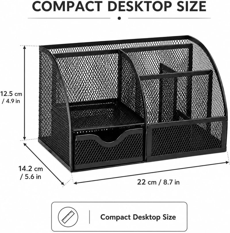 Exerz Desk Organizer Black Office Desk Accessories Supplies Office Storage Desktop Pencil Pen Holder with Drawer Home Workspace | Metal Mesh Caddy For Pens Notes Paper Clips And Small Desk Items Compact Stylish For Home Office Study - Image 2