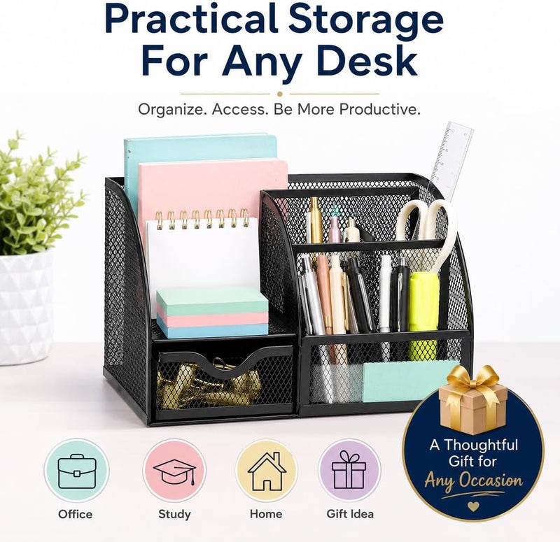 Exerz Desk Organizer Black Office Desk Accessories Supplies Office Storage Desktop Pencil Pen Holder with Drawer Home Workspace | Metal Mesh Caddy For Pens Notes Paper Clips And Small Desk Items Compact Stylish For Home Office Study - Image 4
