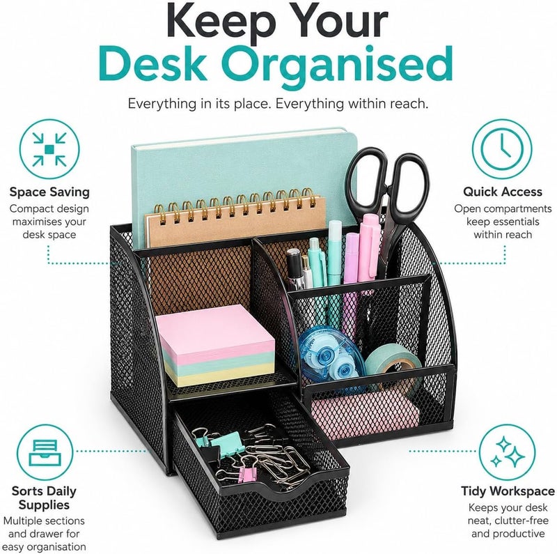 Exerz Desk Organizer Black Office Desk Accessories Supplies Office Storage Desktop Pencil Pen Holder with Drawer Home Workspace | Metal Mesh Caddy For Pens Notes Paper Clips And Small Desk Items Compact Stylish For Home Office Study - Image 3
