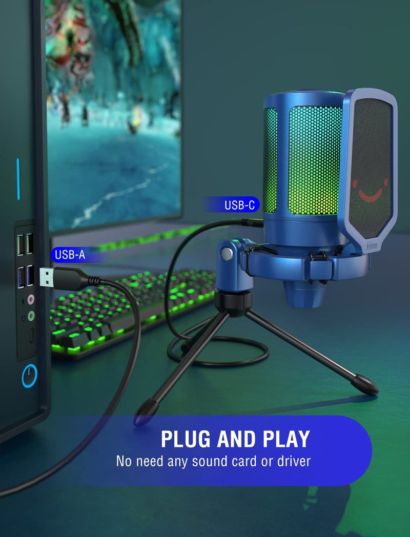 Fifine A6V Gaming Streaming USB PC Microphone for Mac OS/Windows, AmpliGame Condenser Cardioid Mic with RGB for Video Vocal Recording Twitch Discord, Gamer Computer Mic-Blue - Image 5