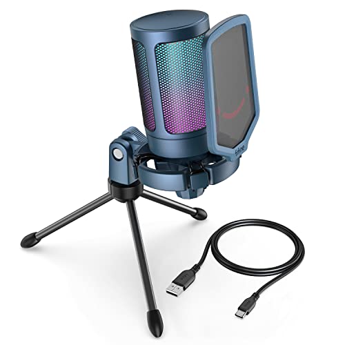 Fifine A6V Gaming Streaming USB PC Microphone for Mac OS/Windows, AmpliGame Condenser Cardioid Mic with RGB for Video Vocal Recording Twitch Discord, Gamer Computer Mic-Blue - Image 1