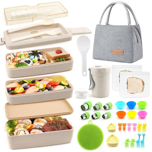 Meltset M 35Pcs Bento Box Japanese Lunch Box Kit Leakproof Bento Lunch Box for Kid Adult Wheat Straw 3 Layer Stackable Lunch Container w Compartment Eco-Friendly Meal Prep for Prepy Girl Boy Women (Beige) - Image 1