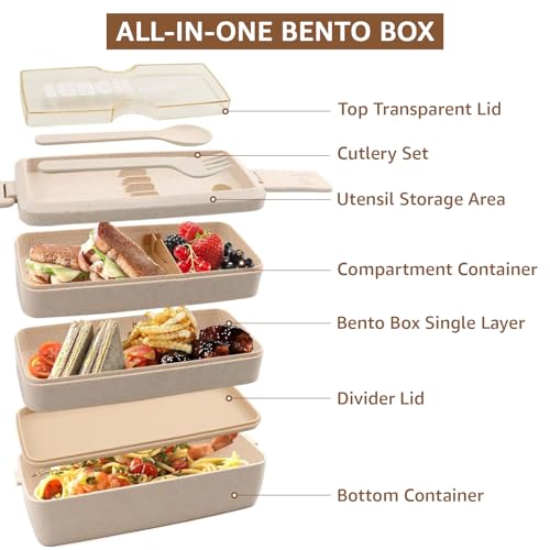 Meltset M 35Pcs Bento Box Japanese Lunch Box Kit Leakproof Bento Lunch Box for Kid Adult Wheat Straw 3 Layer Stackable Lunch Container w Compartment Eco-Friendly Meal Prep for Prepy Girl Boy Women (Beige) - Image 2