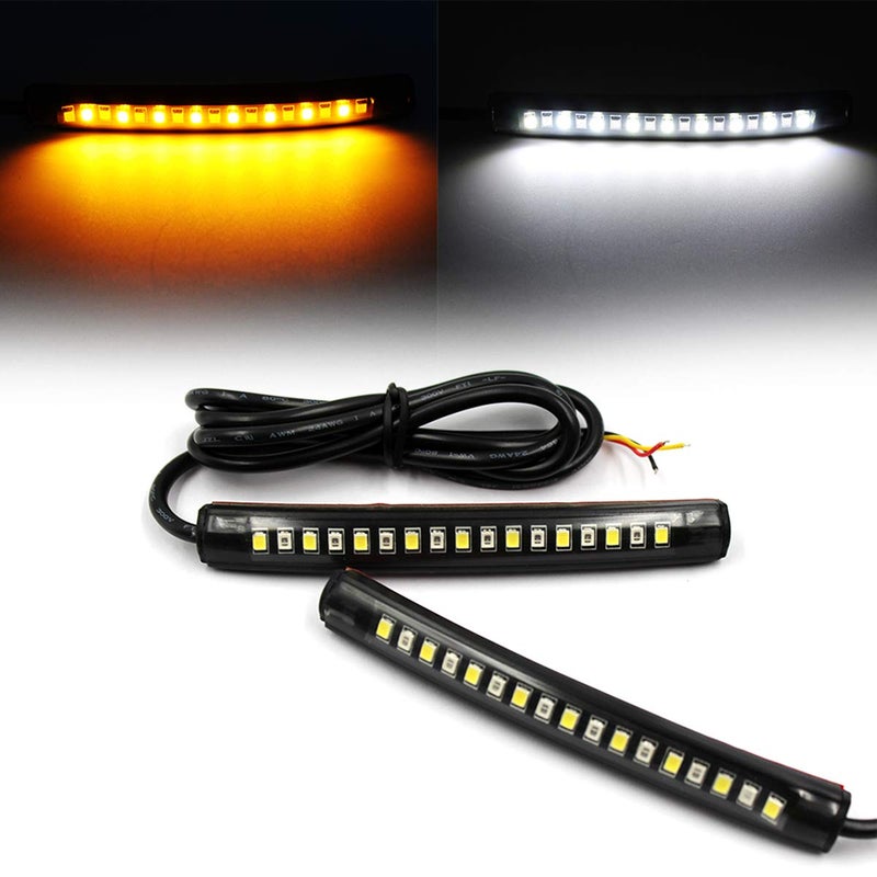 إشارة انعطاف LED مرنة عالمية FXC 2x مع ضوء خلفي وكبح ورخصة دمج للدراجات النارية والدراجات ATV والسيارات RV وSUV حزمة 2 من اللون الكهرماني والأبيض