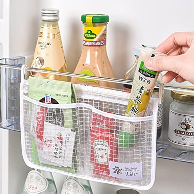 4PCS Refrigerator Door Organizer Set Fridge Hanging Mesh Bag for Kitchen Storage Bag Household Sundries Sorting Bag Used to Refrigerator Side Door Only for Small Objects Containers