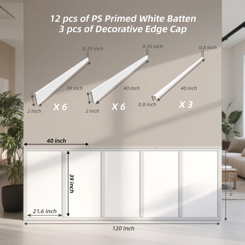 Art3dwallpanels White Primed Wainscoting Kit Premade Board and Batten Paintable Molding Trim Covers 120 x 43.5 Inch Accent Wall Panel for Kitchen Bedroom Living Room Home Decor with Edge Strip - Image 2