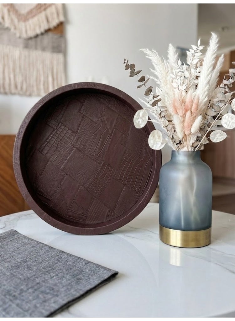 Premium Round Leather Decorative Tray, Wine Red - Image 2
