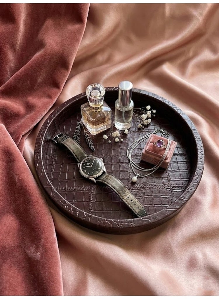 Premium Round Leather Decorative Tray, Wine Red - Image 4
