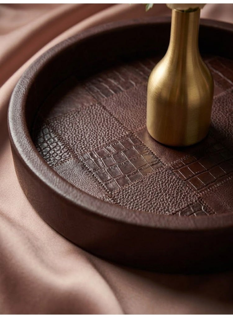 Premium Round Leather Decorative Tray, Wine Red - Image 3