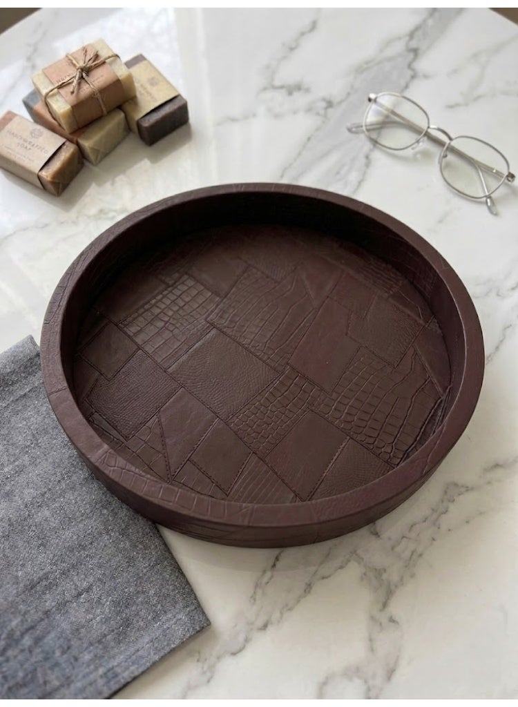 Premium Round Leather Decorative Tray, Wine Red - Image 1