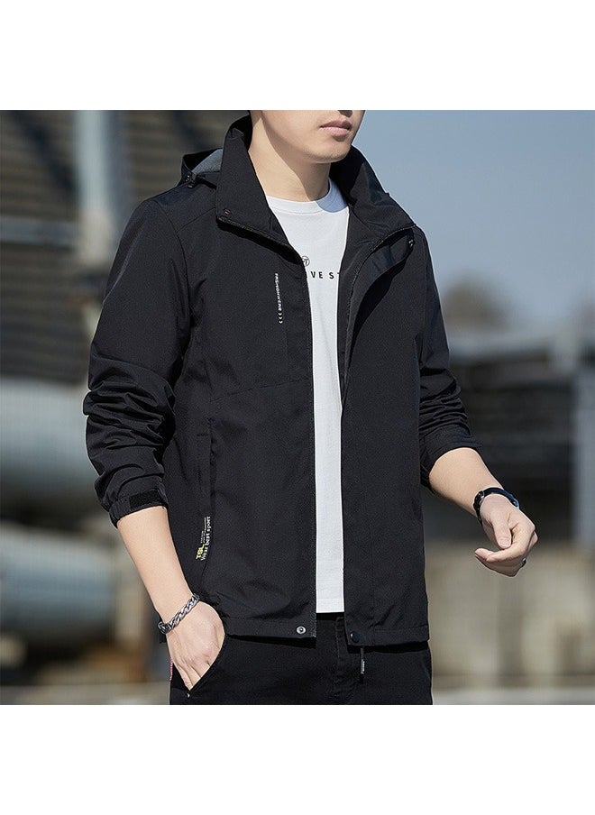 Beauenty - Autumn and Winter Men's Jacket Hooded Casual Sports Windproof Zipper Coat with Cap Outdoor Black - Image 1