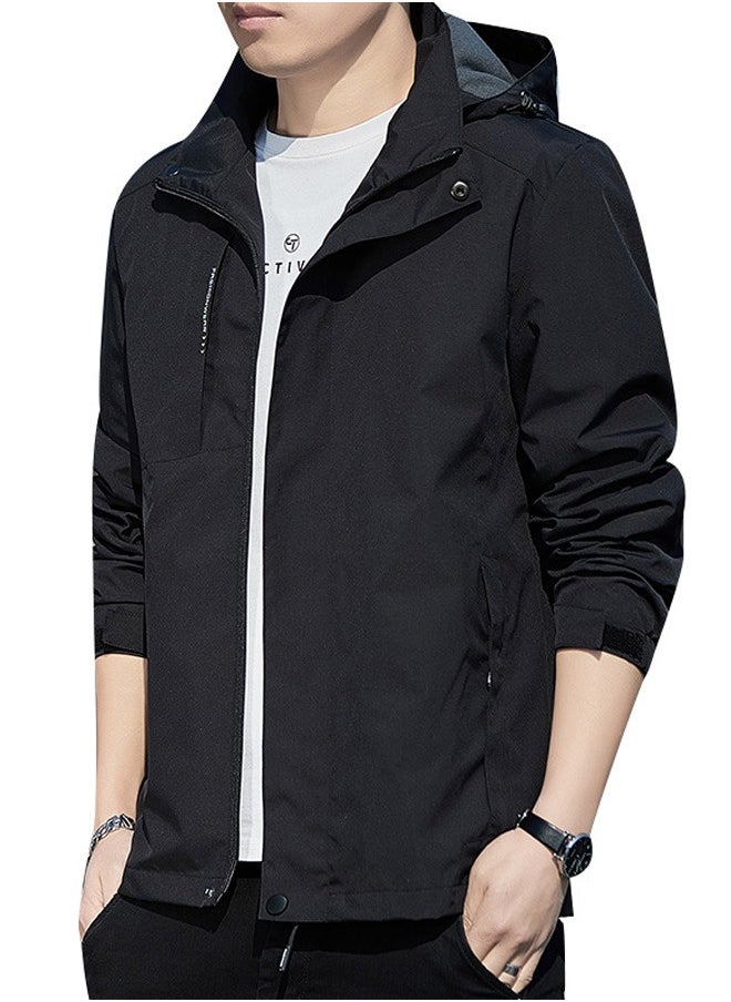 Beauenty - Autumn and Winter Men's Jacket Hooded Casual Sports Windproof Zipper Coat with Cap Outdoor Black - Image 1