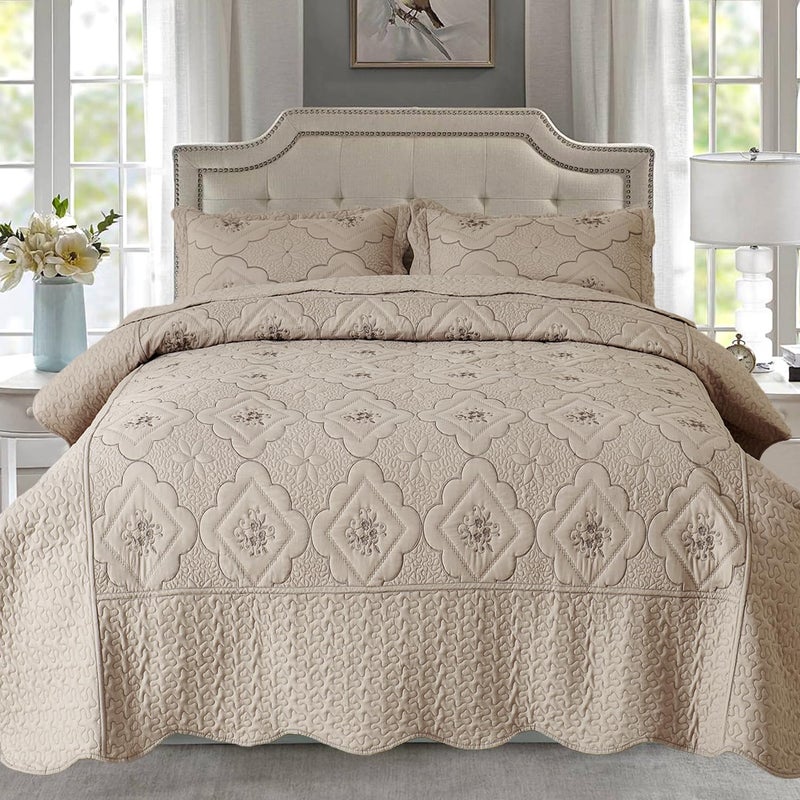Cmfshape Floral Embroidery Quilt Set,3 Pieces Queen Quilt Bedding Set,Classic Diamond Pattern Quilts,Ultra Soft Lightweight Reversible Bedspread Coverlets for All Season(Taupe,90"x90") - Image 1