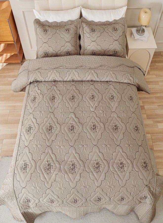 Cmfshape Floral Embroidery Quilt Set,3 Pieces Queen Quilt Bedding Set,Classic Diamond Pattern Quilts,Ultra Soft Lightweight Reversible Bedspread Coverlets for All Season(Taupe,90"x90") - Image 2