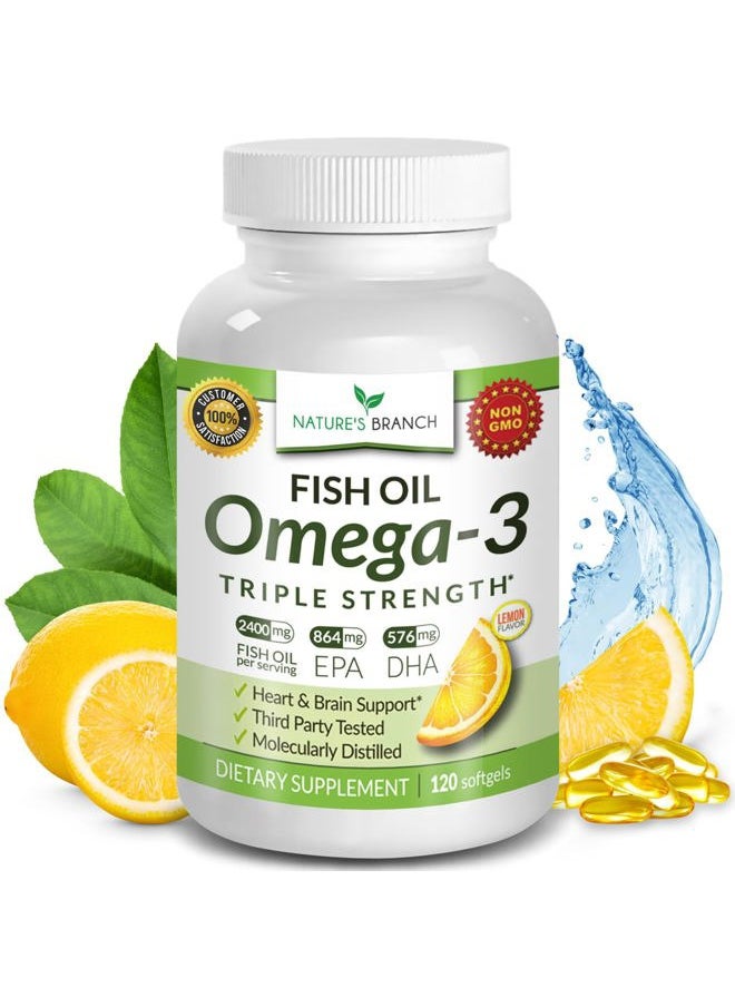 Nature's Branch - Best Triple Strength Omega 3 Fish Oil Pills 2400mg | 120 Capsules | Burpless High Potency Lemon Flavor | 864mg EPA 576mg DHA Ultra Pure Liquid Softgels | Brain Joints Eyes Hair Heart Health Supplement - Image 1