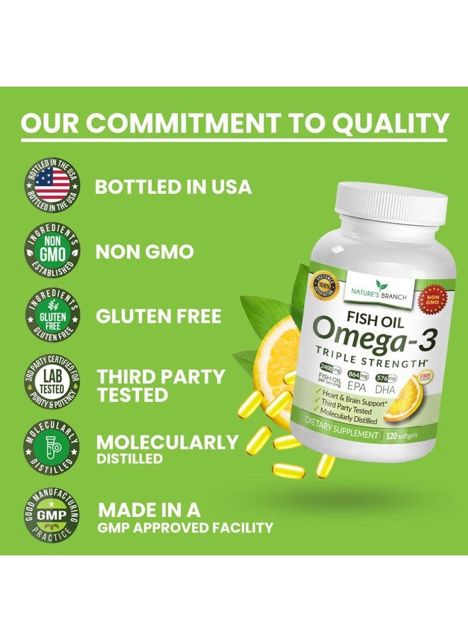 Nature's Branch - Best Triple Strength Omega 3 Fish Oil Pills 2400mg | 120 Capsules | Burpless High Potency Lemon Flavor | 864mg EPA 576mg DHA Ultra Pure Liquid Softgels | Brain Joints Eyes Hair Heart Health Supplement - Image 1